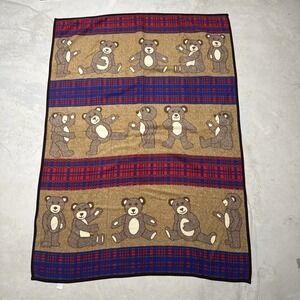 Vintage San Marcos Teddy Bear Plaid Throw Stadium Blanket 55" X 78" Art Nature
